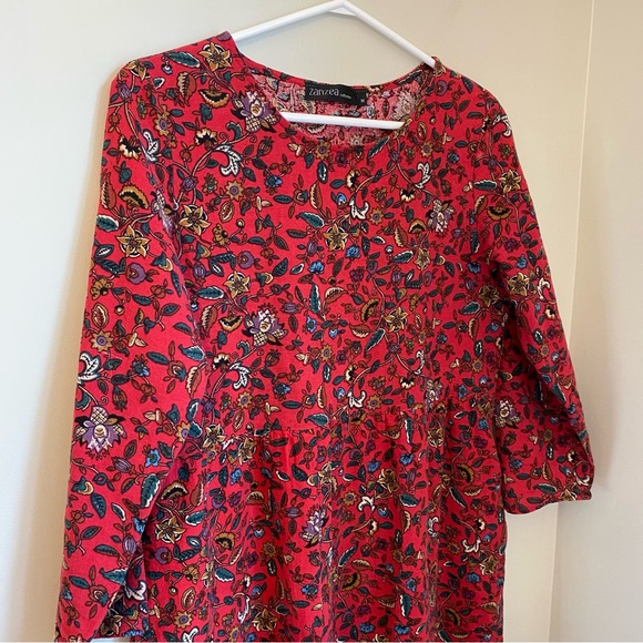 Zanzea MIDI Red Floral Pull Over Dress 3/4 Sleeves Size Medium Cottagecore - Picture 3 of 9